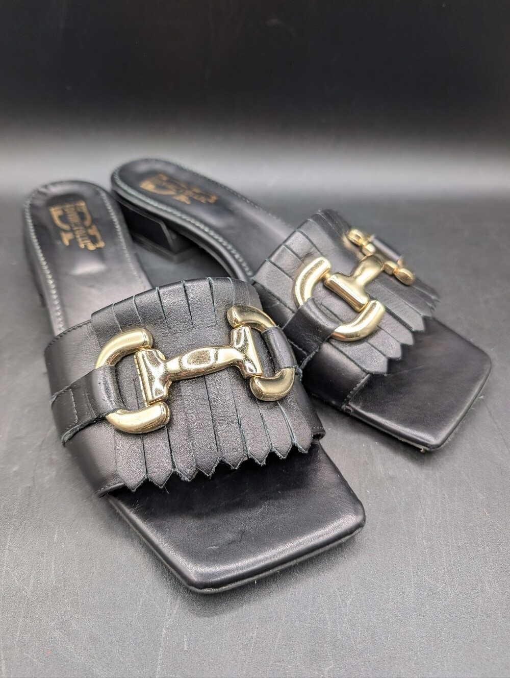 Divine Follie Italy Black Leather Fringe Slides with Gold Horse Bit, EU40 US 9.5
